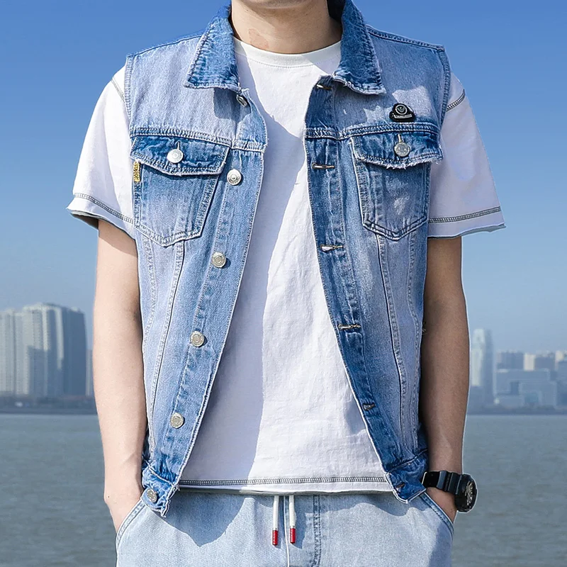 

Brand Casual Jeans Sleeveless Jacket Vest Men Streetwear Blue Denim Cardigans Vest Plus Size 3XL Cowboy Waistcoat Mens Jackets