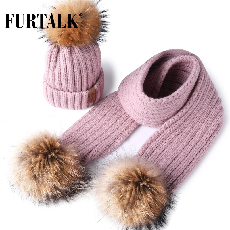 FURTALK Зимняя Детская Шапка и Шарф Мех Енота Помпон Шапка для Девочки Вязяние Шапки для Мальчиков HTWL029