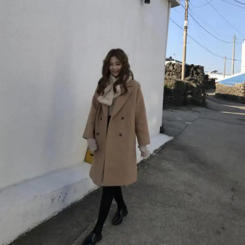 Новое Женское шерстяное пальто в Корейском стиле с отложным воротником 2019 модное