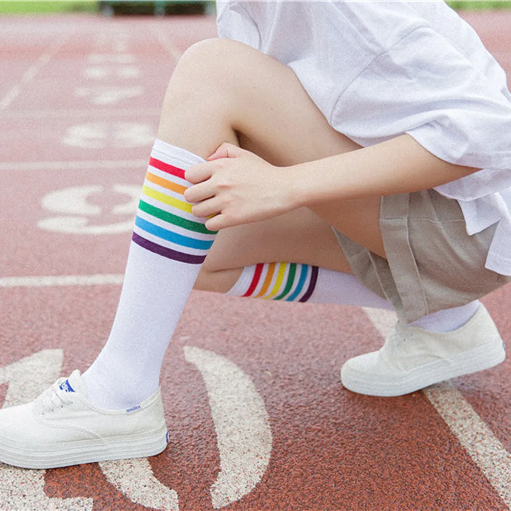 

1pair Thigh High Socks Over Knee Rainbow Stripe Girls Football Socks Black White Chaussette Calcetines