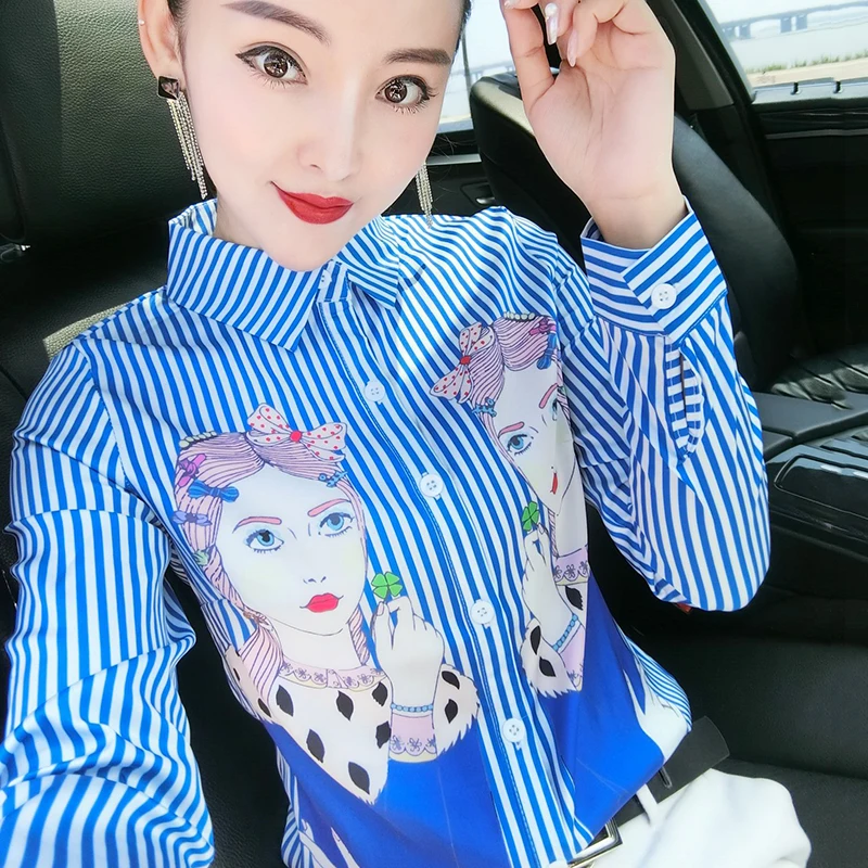 

Women Blue Vertical Striped Vintage Printed Shirt Women 2020 Spring New Long-Sleeve Shirt Top Ladies Blouse Blusas Mujer De Moda