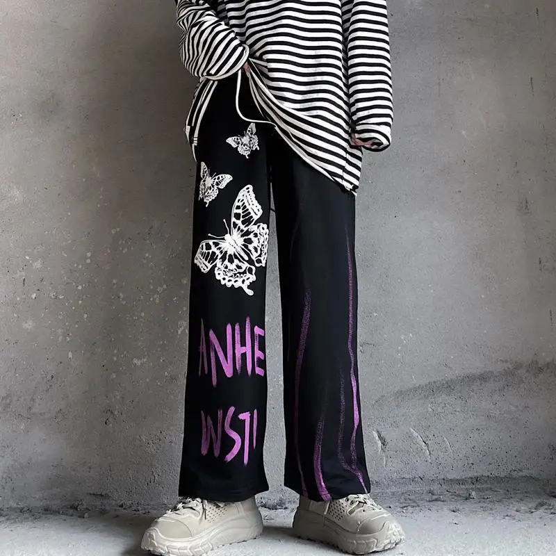

QWEEK Gothic Streetwear Wide Leg Pants Women Harajuku Goth Graffiti Loose Pants Print Jogging Sweatpants Women Casual Trousers