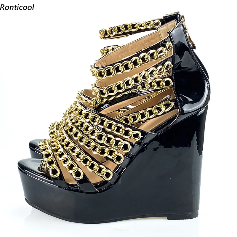 Ronticool Женские глянцевые сандалии ручной работы с золотой цепочкой на танкетке