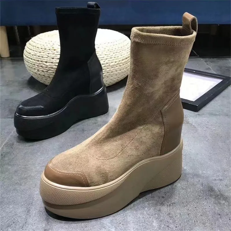 Ботинки на платформе; женская обувь; scarpe donna; ботинки на высоком каблуке с круглым носком; модная обувь на толстой подошве; chaussures femme; Плюшевые ботинки