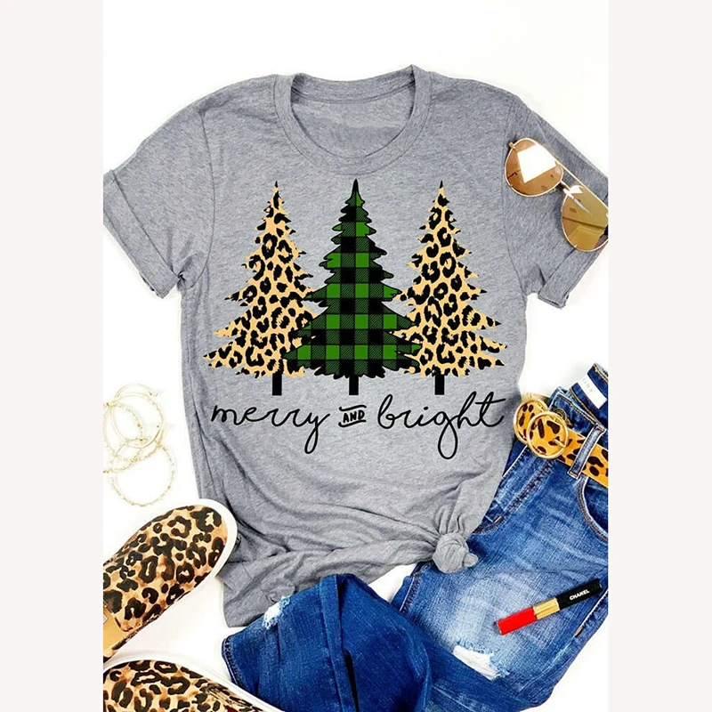 Леопардовая клетчатая Рождественская елка веселая и яркая Футболка