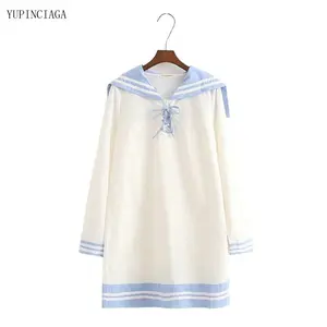 Japan Style Sailor Collar Sweet Cotton Dress 2021 Summer New Loose Stitching Striped Long Sleeve White Dresses 2115614