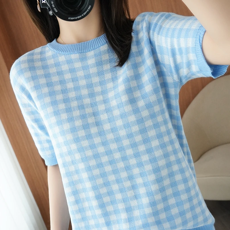 

100% Cotton Short-sleeved Summer New Style Women's O-Neck Slim Pullover Vest Women's Plaid Knitted Bottoming T-shirt