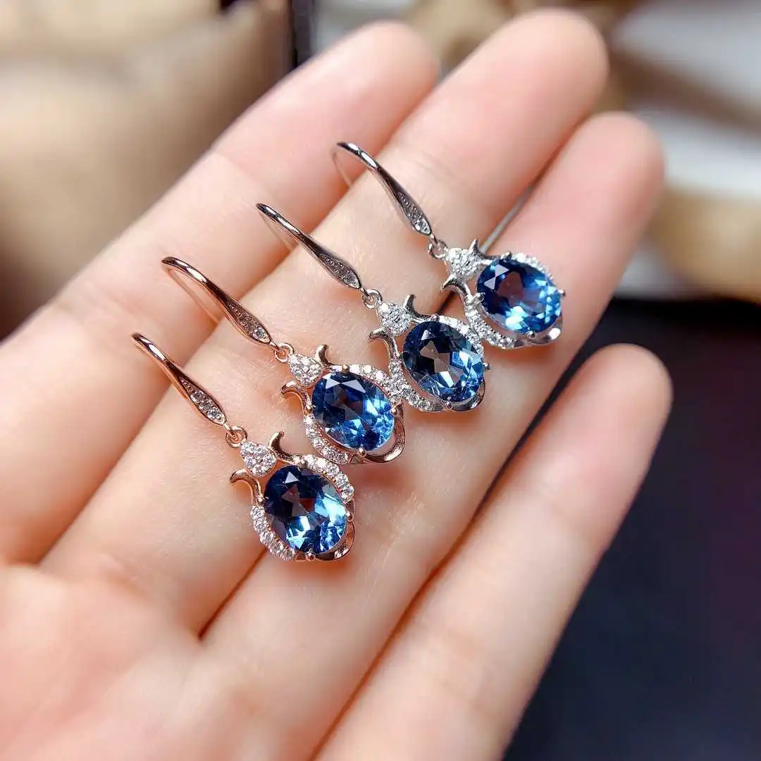 

New Silver Inlaid Pave Blue Topaz Gemstone Drop Earrings For Women Student Party Hook Earrings Fine Jewelry Bride Wedding Gift