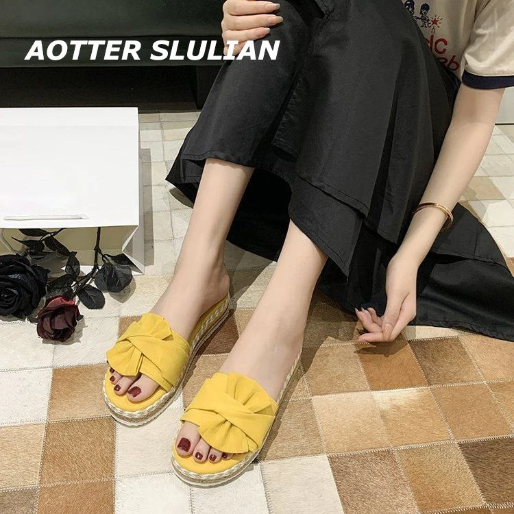 

Повседневные женские летние тапочки из флока на толстой подошве с бантом на платформе, однотонные открытые уличные женские туфли с открыты...