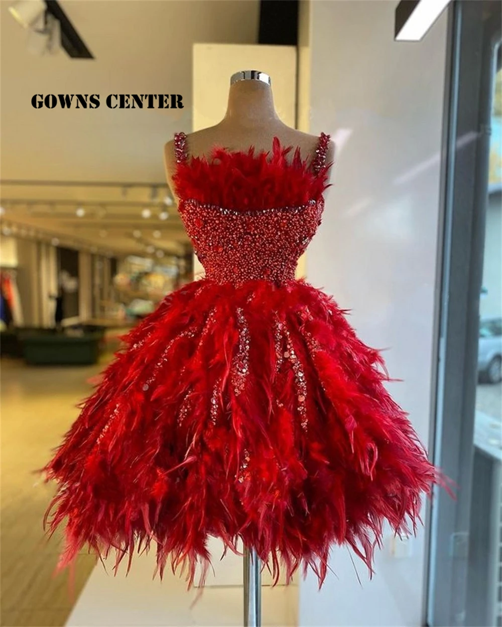 

Red Prom Dress Luxury Ball Gown Mini Cocktail Dresses Sparkly Homecoming Gowns Feathers Mermaid robe de bal