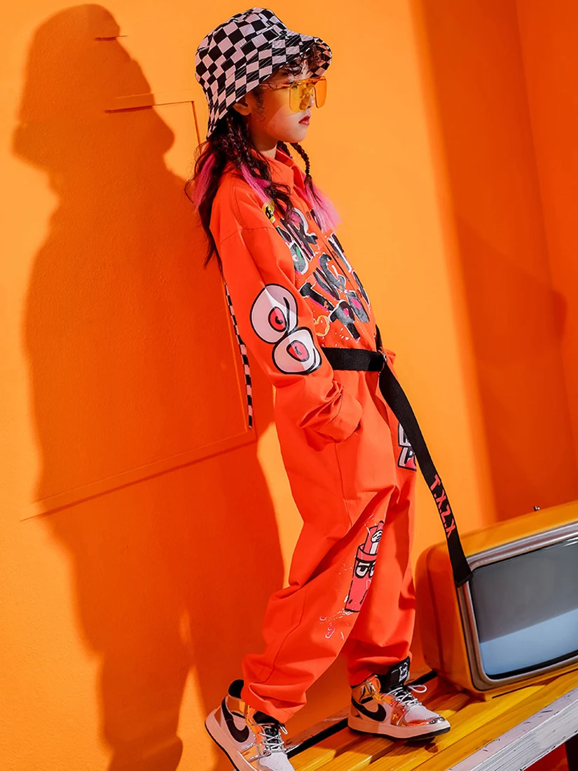 

Lolanta Boys Girls HipHop Street Dance Clothes Orange Onesies Letter Print Clothes Kids Performance Costume