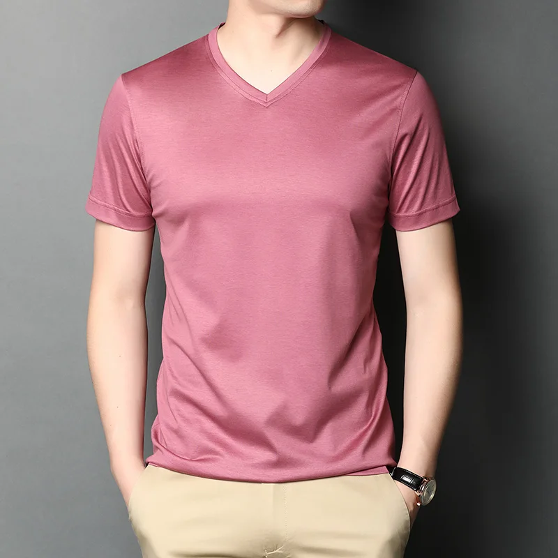 

2022 new summer cotton short sleeve tops tees men v-neck solid color half-sleeved t shirt zde3097
