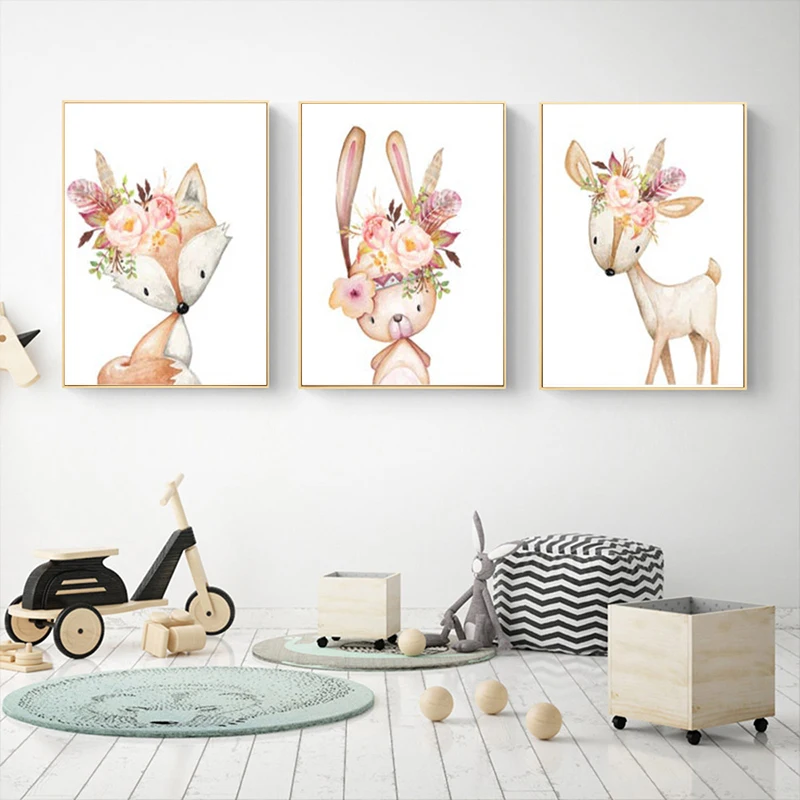 Baby Girl Gift Nursery Decoration Woodland Animals Posters Print Watercolor Flowers Animal Canvas Painting Wall Pictures | Дом и сад