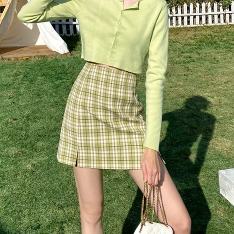 

Fashion New Stitching Color Lattice High Waist Skirt Slim Temperament A Line Skirt Simple Skirt For Women