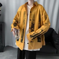 european and american high street mens shirts hip hop retro fashion yellow character print loose casual long sleeve streetwear