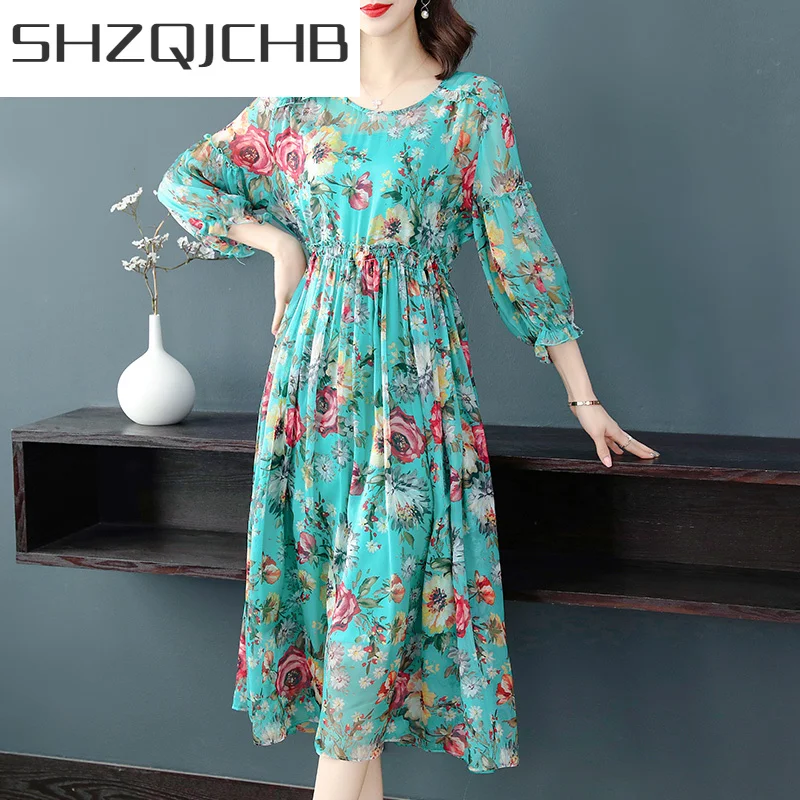 

Женское шелковое платье-миди SHZQ, Повседневное платье с цветочным принтом, весна-лето 2021, LW4963