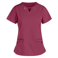 solid scrub tops healthcare tunic women short sleeves hospitality maid nurses uniform cares therapist dentist workwear female a5