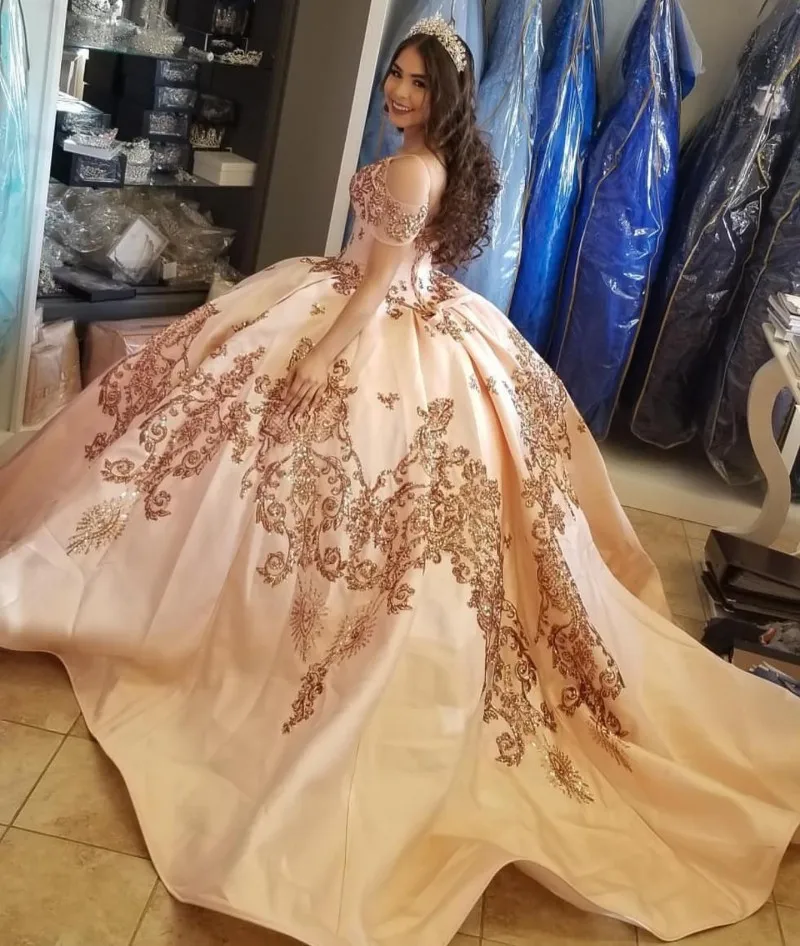Vestidos De XV Años Quinceanera Dress 2021 blush  Sequin Applique Ball Gown Prom Dresses Ruffles Skirt Party Sweet 16 Dress