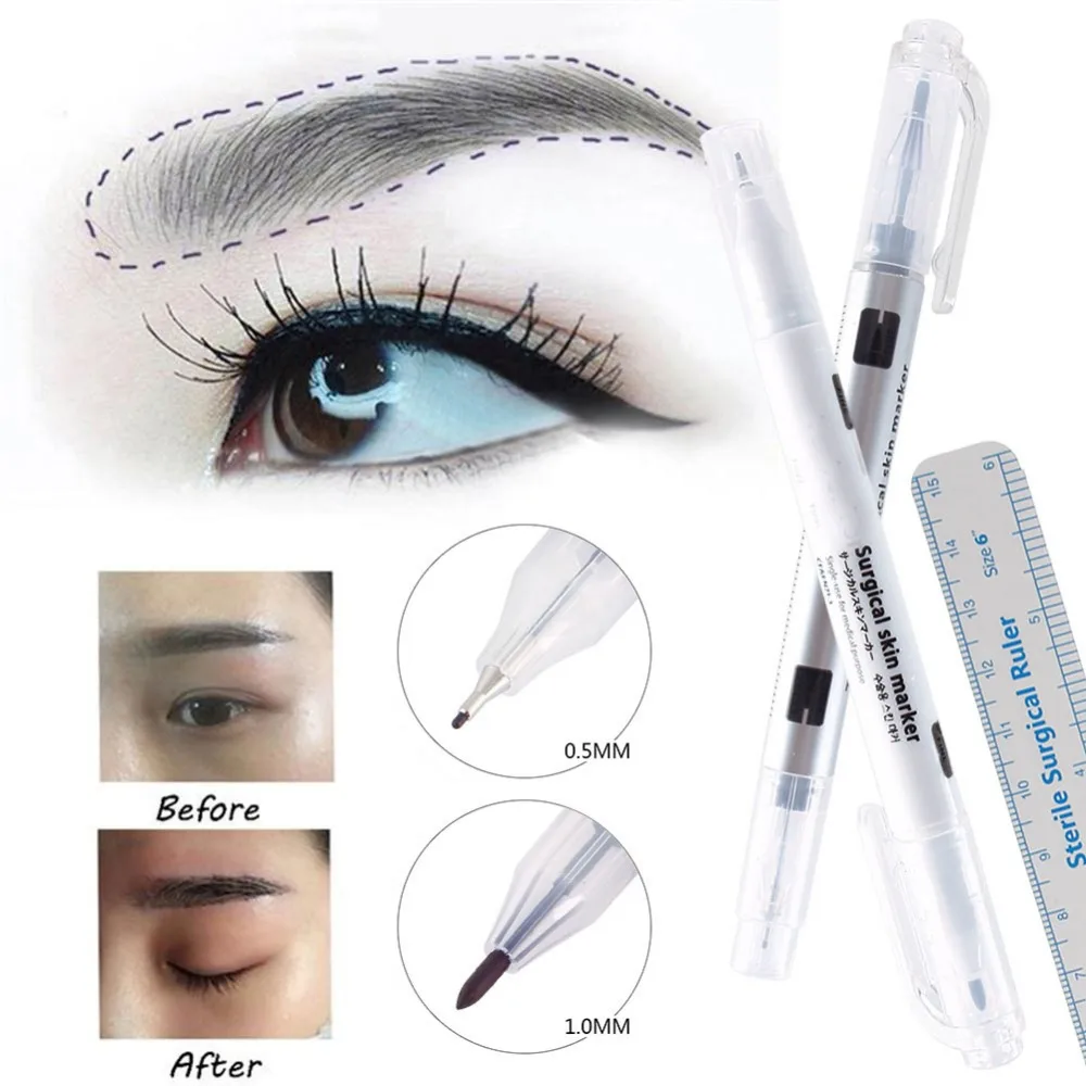 

1Pcs Surgical Skin Marker Eyebrow Marker Pen Tattoo Skin Marker Pen With Measuring Ruler Microblading Positioning Tool