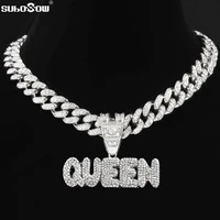 men women hip hop crystal queen letter pendant necklace with 13mm crystal miami cuban link chain necklaces fashion charm jewelry