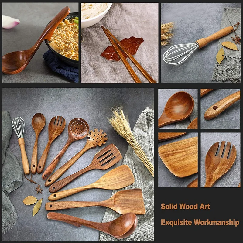 

Wooden Spoons for Cooking,Wooden Cooking Utensils Set with Wood Holder,Non-Stick Pan Kitchen Tool Wooden Cooking Spoon