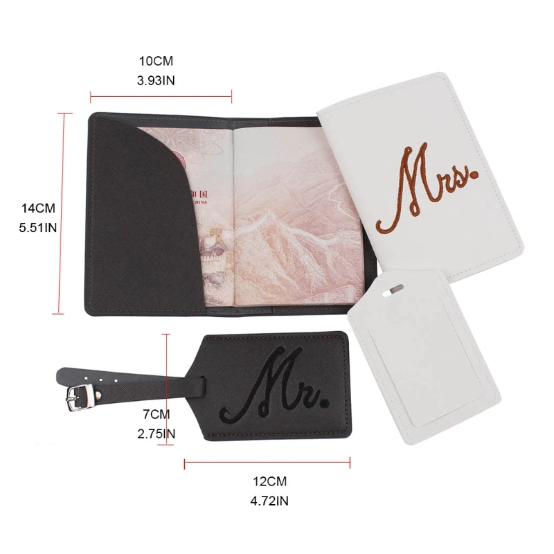 

J60D Embroidery Mr Mrs Passport Covers Luggage Tags Gift Set for Couples Honeymoon Travel Card Protector Wedding Bridal Shower