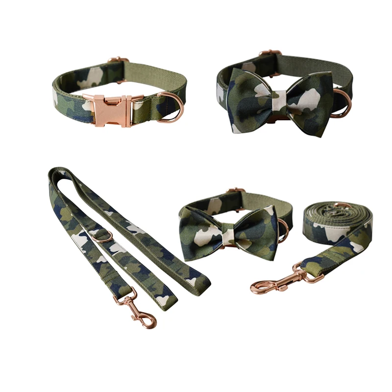 

Camouflage 06 The Bottom Of Green Free Engrave Fabric Dog Collar Leash Set For Medium Big Necklace With Bow Tie Name Necklace
