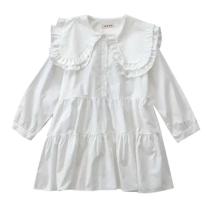 

Long Blouse Womens 2021 Spring New In Sweet Peter Pan Collar Long Sleeve Ruffles Plus Size Loose Oversize Shirts Cotton Tops