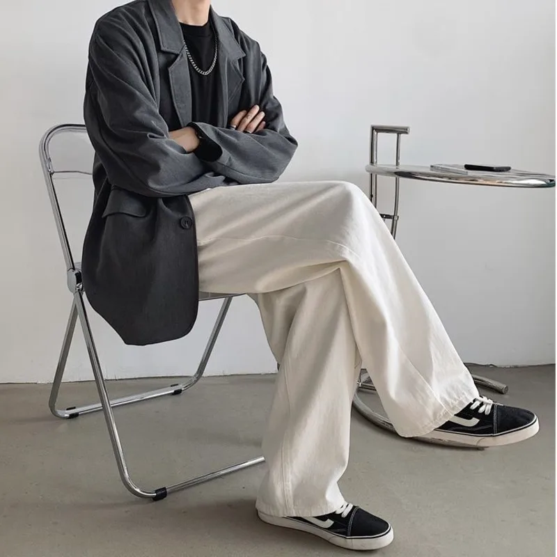 

2021 Men's Fashion Trend White Color Casual Pants Baggy Homme Jeans Classic Style Wide Leg Pants Biker Denim Trousers M-2XL