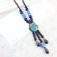 vintage ethnic style ceramic beads pendant necklace for women long sweater chain fashion jewelry accessories