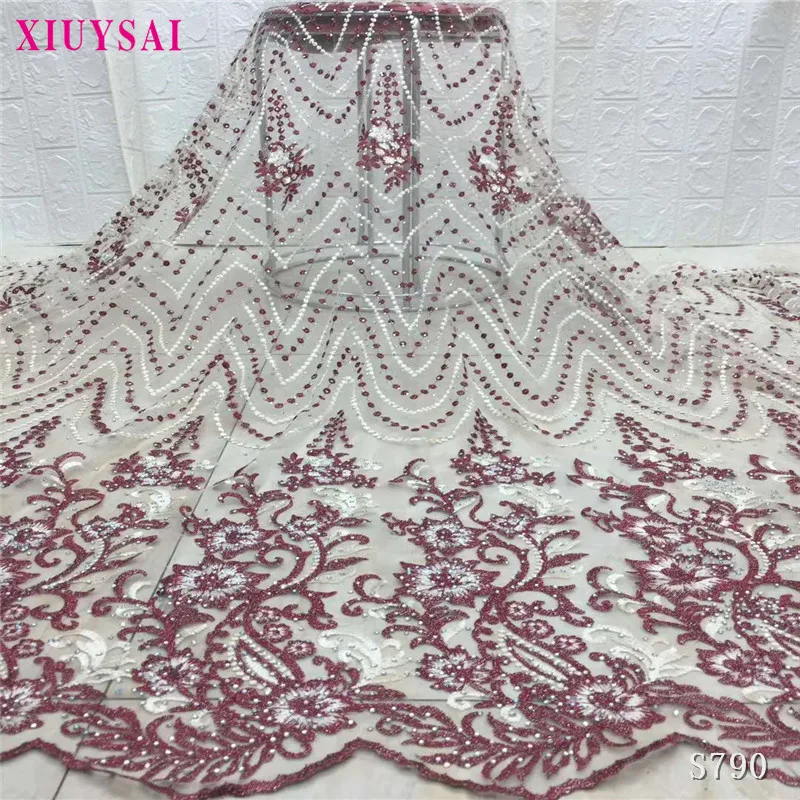 

2020 Hot sale nigerian african lace fabrics french guipure tulle red line bridal lace fabric for wedding party dress SK790