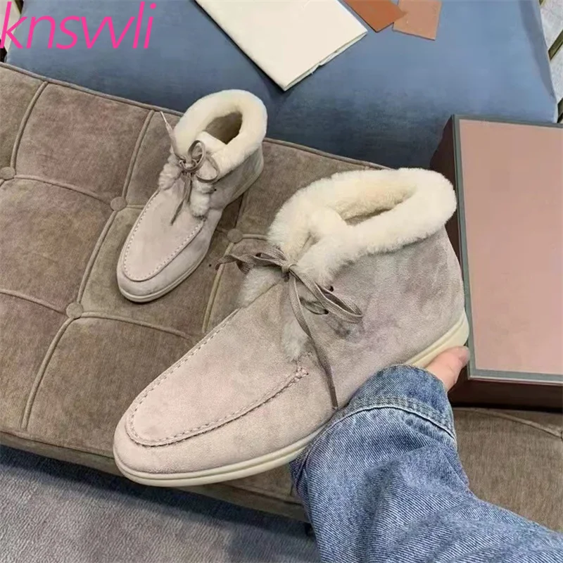 

Winter Shoes Women Suede Fur Flat Casual Shoes Ladies Lace Up Wool Warm Loafers Woman Winter Ankle Boots Women Walking Shoes