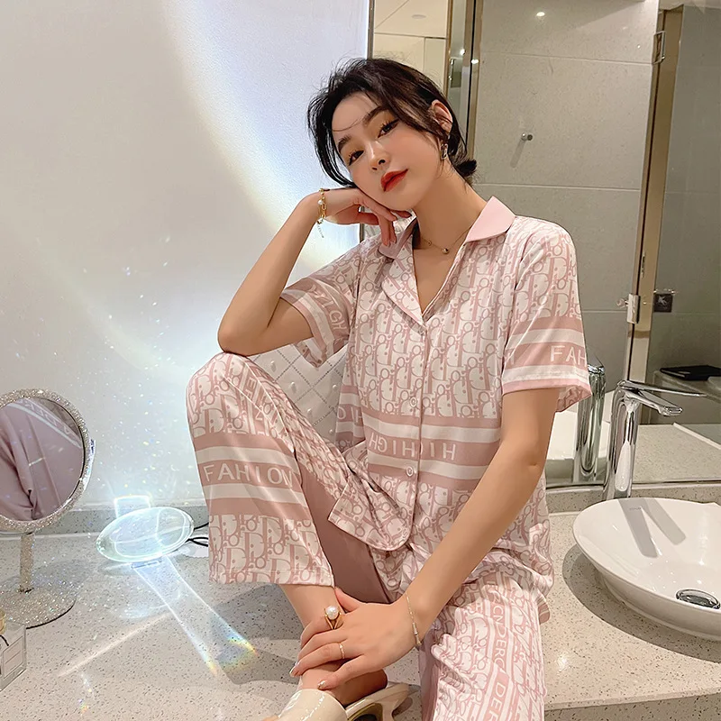 

Women Nightwear Sleepwear Satin Pajamas Sets Lace Trim 2pcs Shirt&Pants Pyjamas Suit Casual Lounge Wear Summer Home Clothing