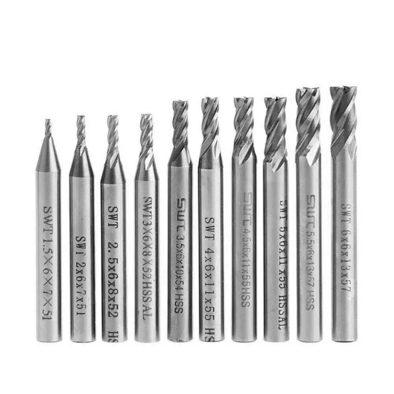 

Hot Selling 10Pcs 1.5-6mm HSS Straight Shank Auger 4 Flute End Mill Cutter CNC Drill Bit Tool