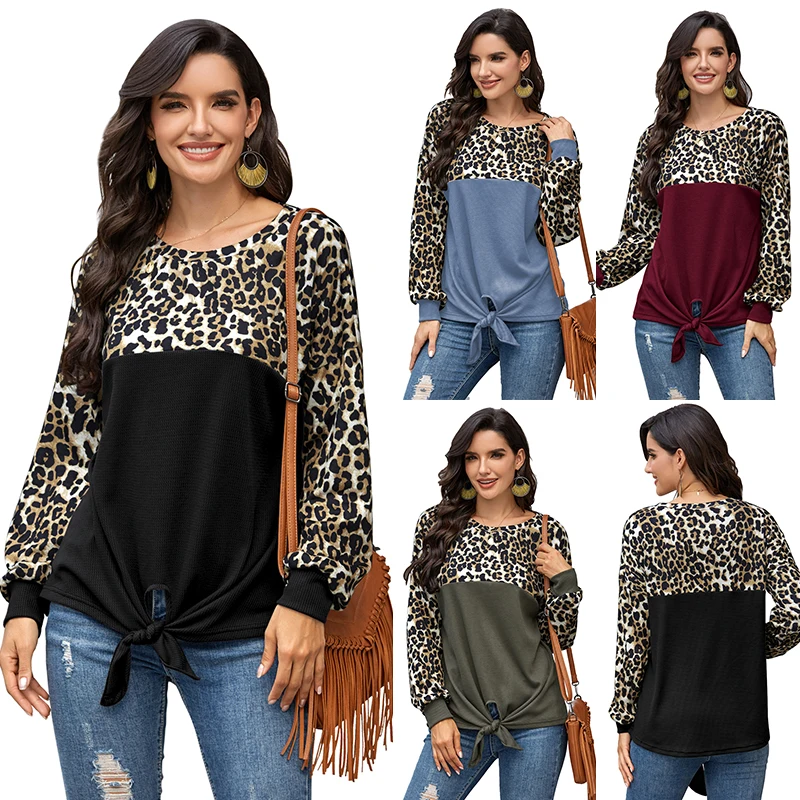 

MilaLit 2020 New Hot Patchwork Leopard Long Sleeve T Shirts Knot Tie Decorative Tops Pullover Undershirts for Autumn Spring