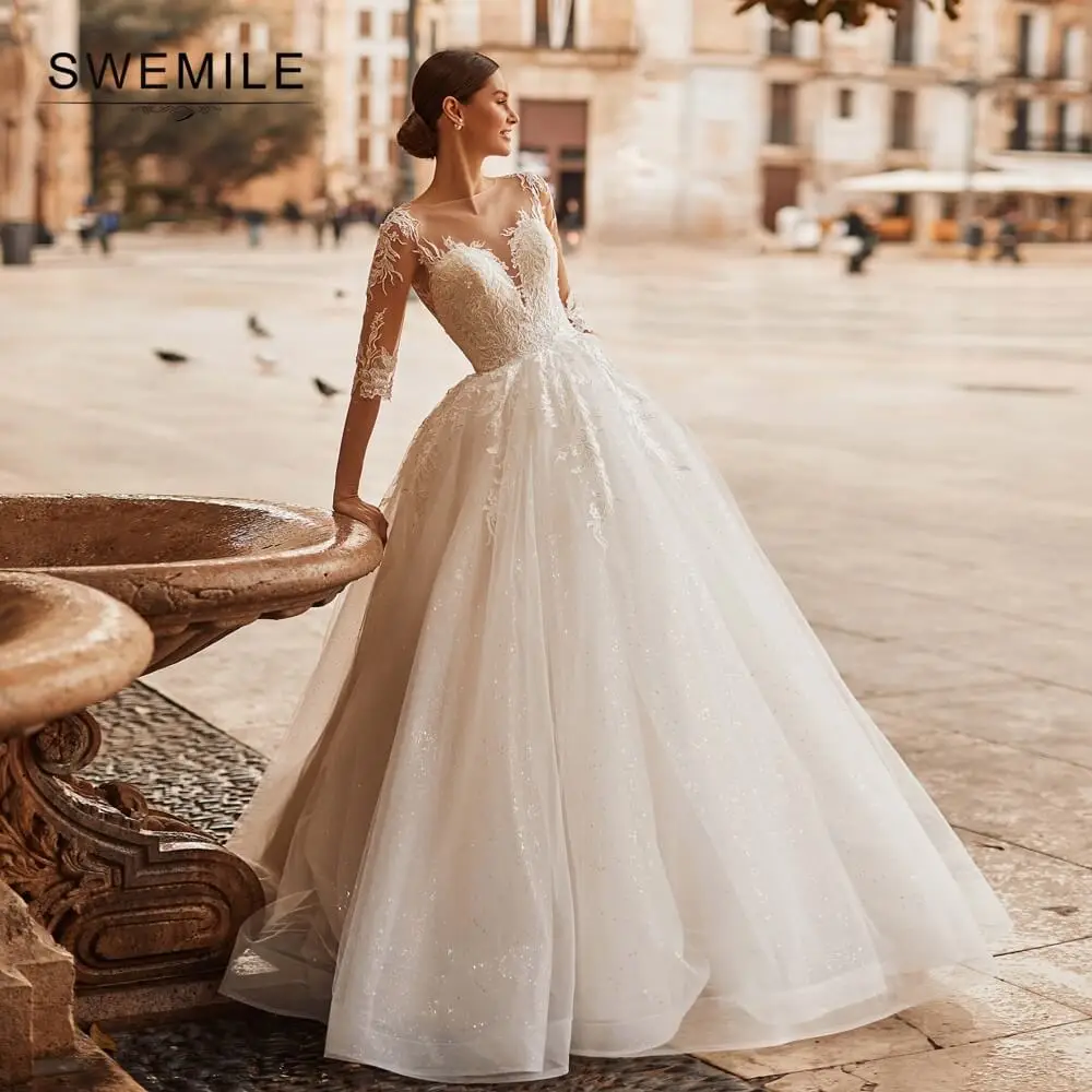 

SWEMILE Tulle Lace Wedding Dresses O Neck Luxury Appliques Button Back Ball Princess Bridal Gown robe de soiré свадебное платье