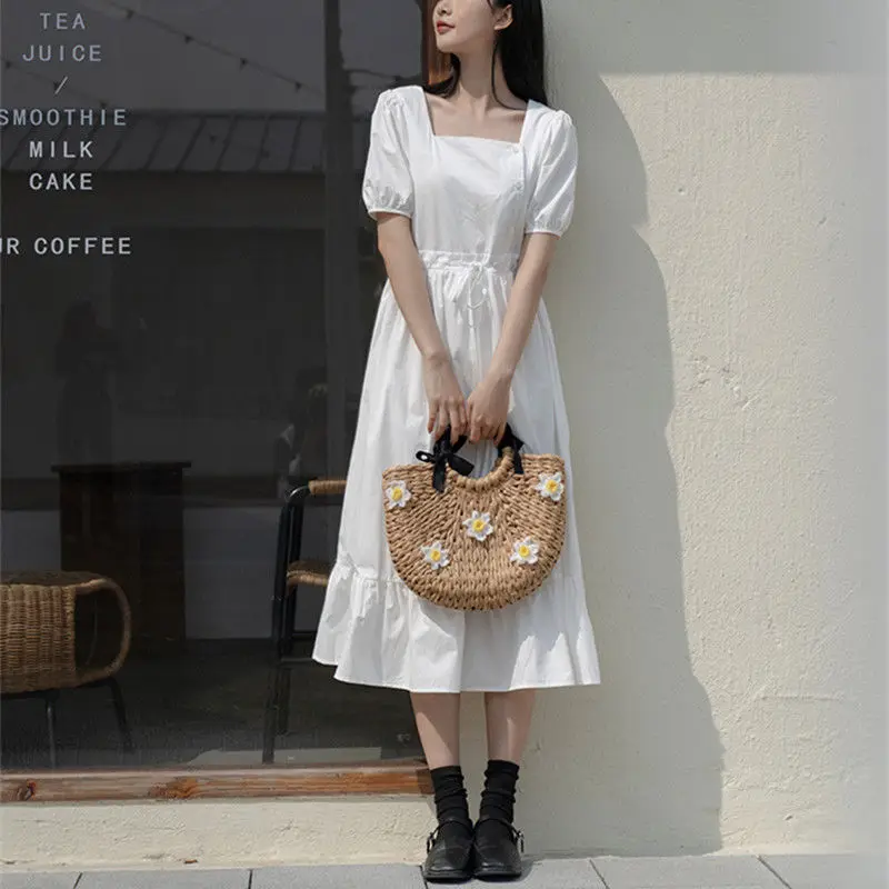 

Summer White Elegant Long Dress Women Japanese High Waist Fit Chic Party Dresses Female Short Sleeve Casual Sweet Dress 2021 New