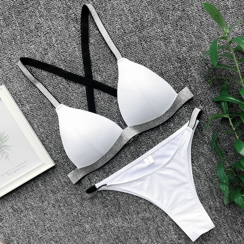 

Shiny Cross Black Bikinis Sexy Women Swimsuit Cross Back Swimwear Black White Bathing Suits Beach Wear Swim Suits