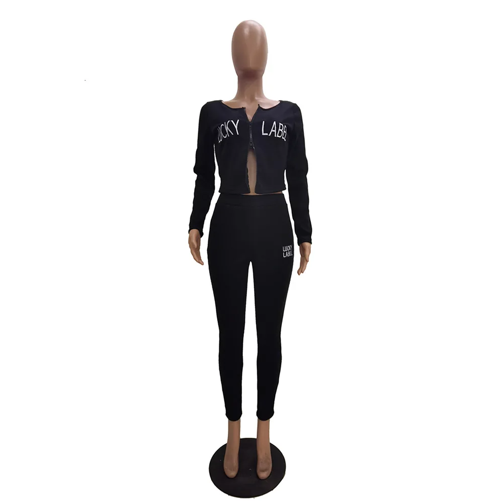 

Lucky LaBel Autumn Casual Letter Embroidery Ribbed Knitted Two Piece Set Women Set Zipper Tops Pencil Pants Tracksuits