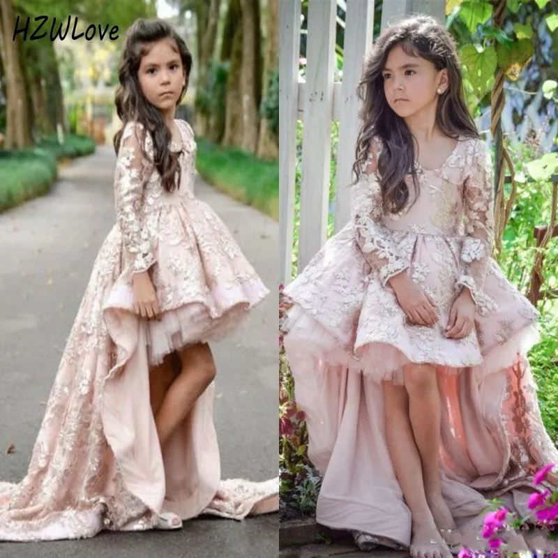 Платье детское розовое с длинным рукавом V образным вырезом и кружевной