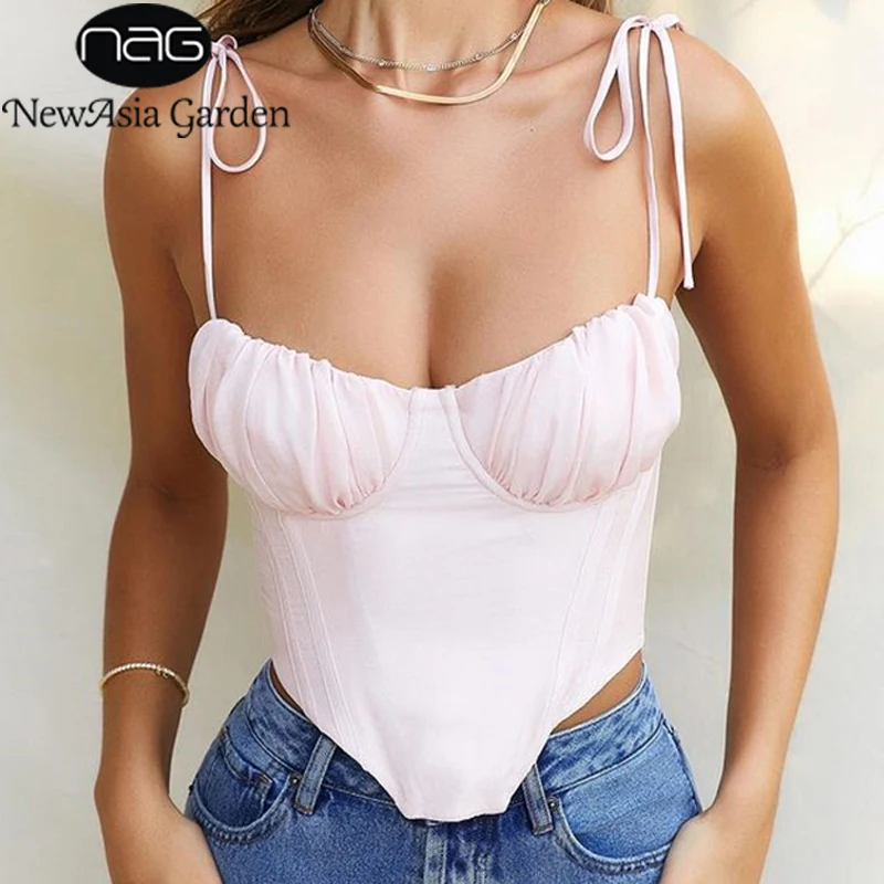 

NewAsia Corset Top Boning Pads Underwire 2 Layer Shell Ruched Lace up Spaghetti Strap Bustier Corsets Sexy Crop Tops Women 2021