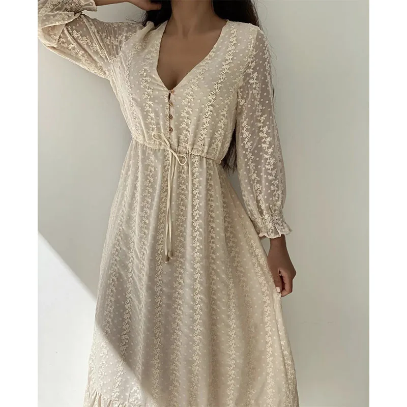 

Длинное шифоновое платье Foridol, с цветочной вышивкой, на пуговицах, с длинным рукавом, элегантное офисное платье с поясом, для осени и зимы