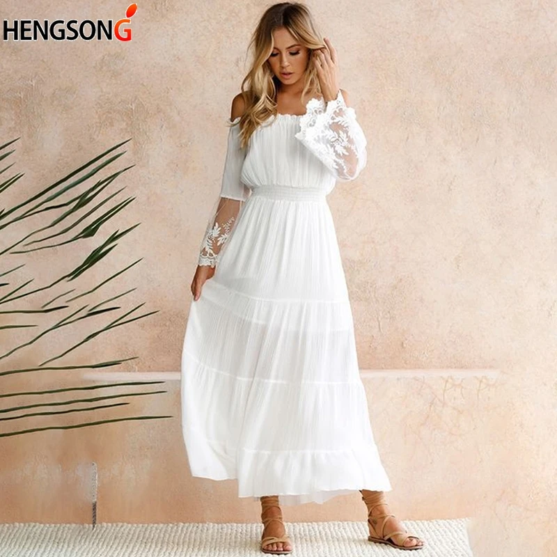 

Women Dress Sexy Off Shoulder Lace Boho Women Maxi Dress Women White Beach Dress Strapless Long Sleeve Loose Dress