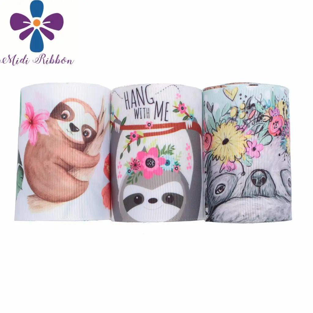 

16mm-75mm Cartoon Series Cute Animal Sloth Flower Printed Grosgrain/Elastic Ribbon "take with slow" DIY Hair Bands 50yards/roll