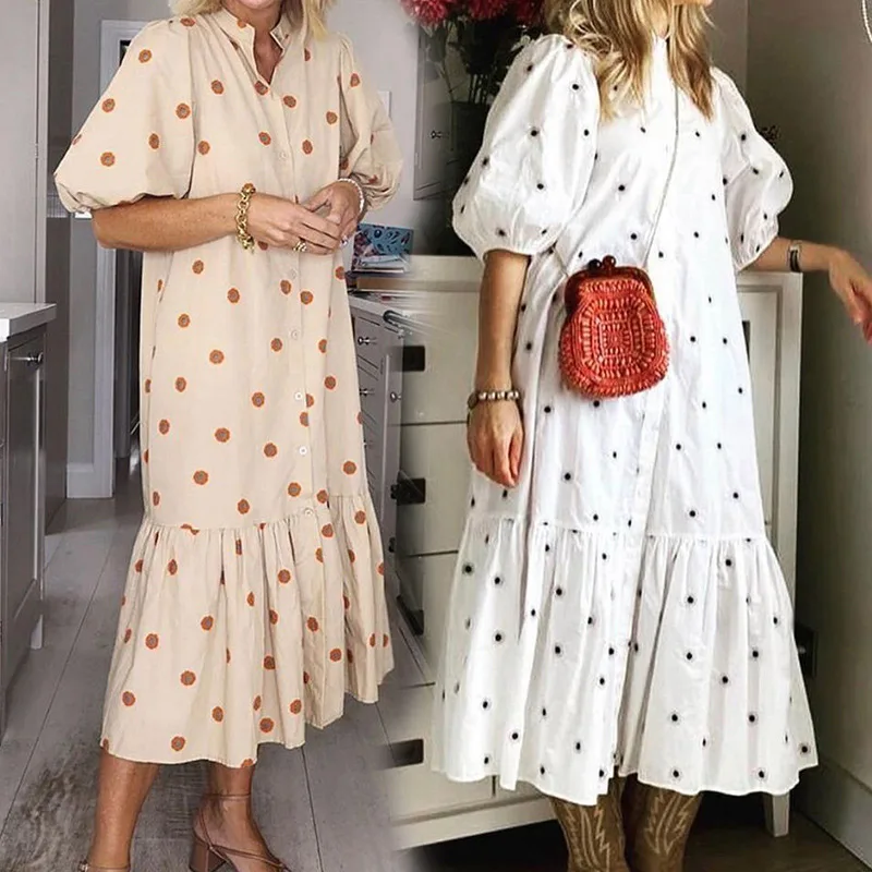 

Print Shirt Dress Women 2021 New Summer Casual Female Half Sleeve Stand Collar Button Long Dresses Ladies Midi Dresses