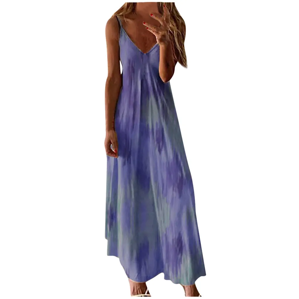

Fashion Women Sexy Plus Size Tie-dye Print Sleeveless V-Neck Camisole Long Dress