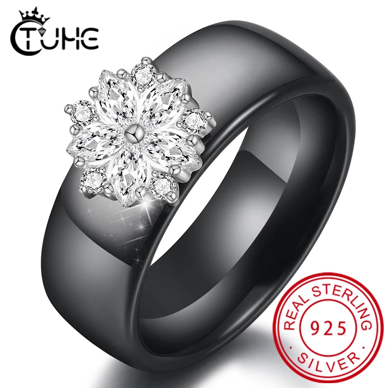 Женские керамические кольца с кристаллами вечерние белым цветком из кубического