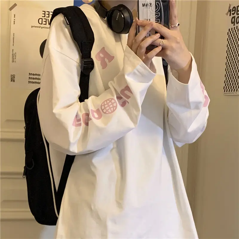 Свободная футболка с длинным рукавом женские топы осенняя одежда футболки |