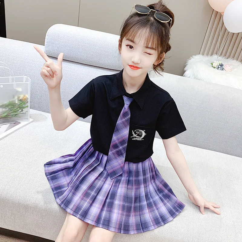 

2021 new girls jk uniform children dress summer suit summer plaid skirt electric competition girl elementary school style
