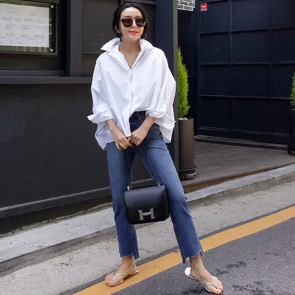 

2021 Turn-down Collar Loose Batwing Fashion Shirts Autumn New Casual Korean Solid Color Womens Tops And Blouses